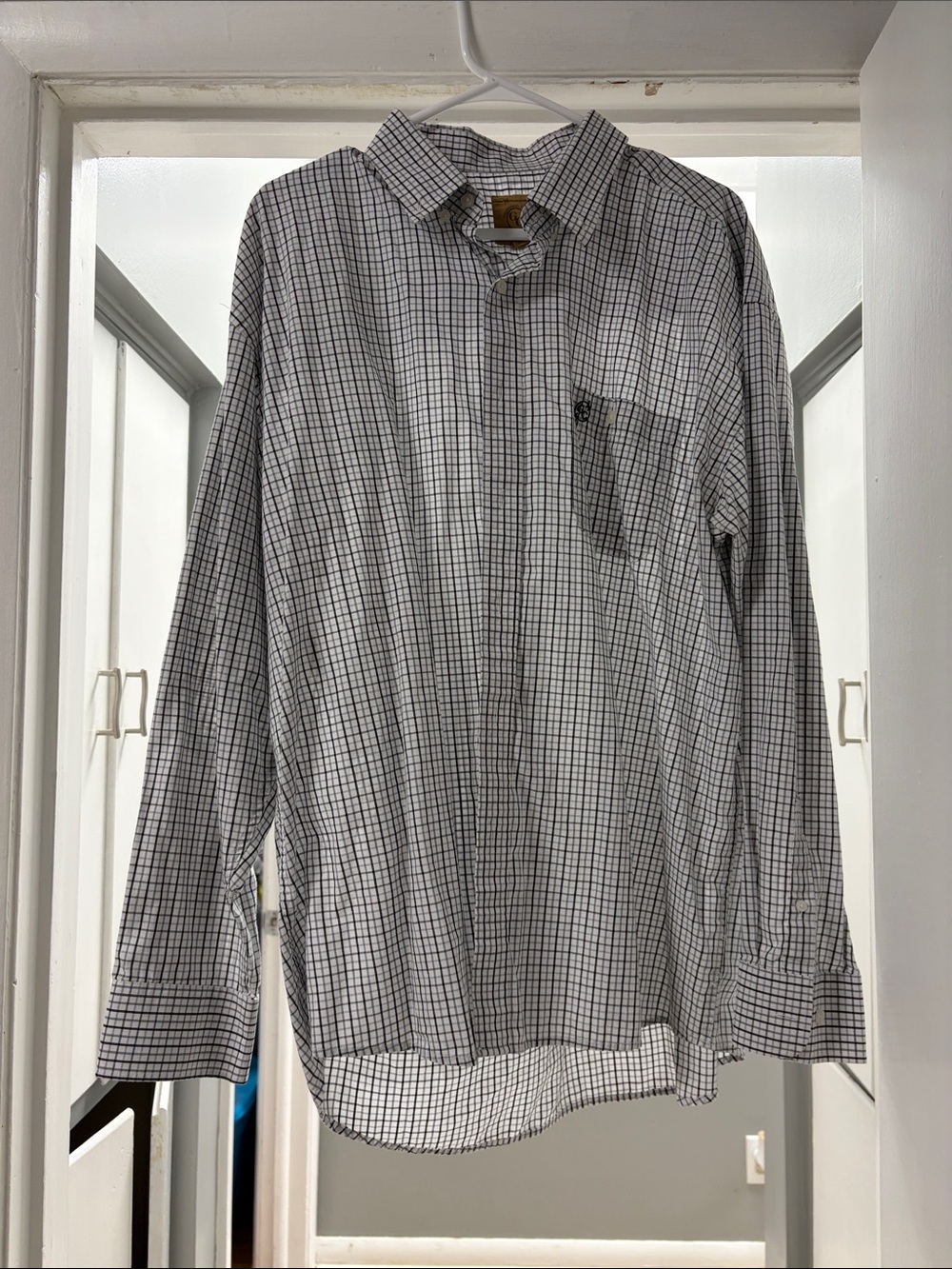 Men's White & Black Windowpane Long-Sleeve Dress Shirt